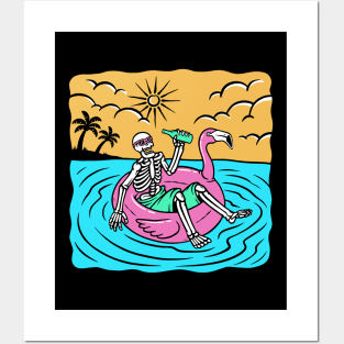 Summer Chillin' // Skeleton Lounging in the Sea on a Flamingo Floatie Posters and Art